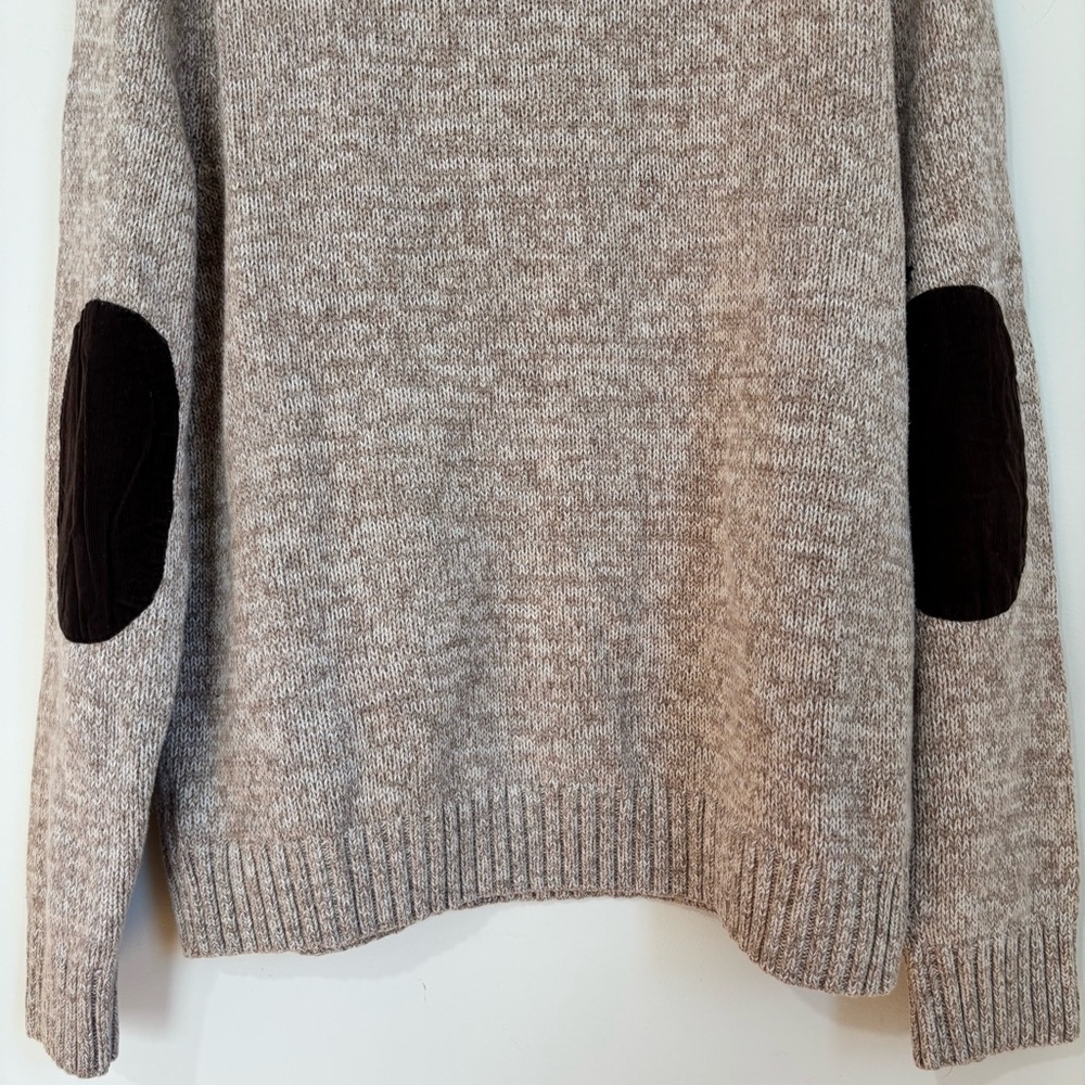 Chaps Men Beige Brown Quarter Button Long Sleeve Elbow Patch Cotton Knit sweater - Picture 8 of 16